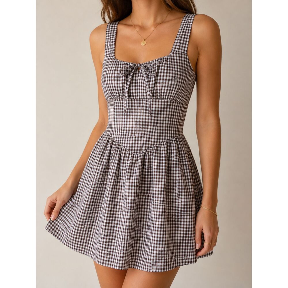 Gingham Tie-Front Fit & Flare Dress - Black/White